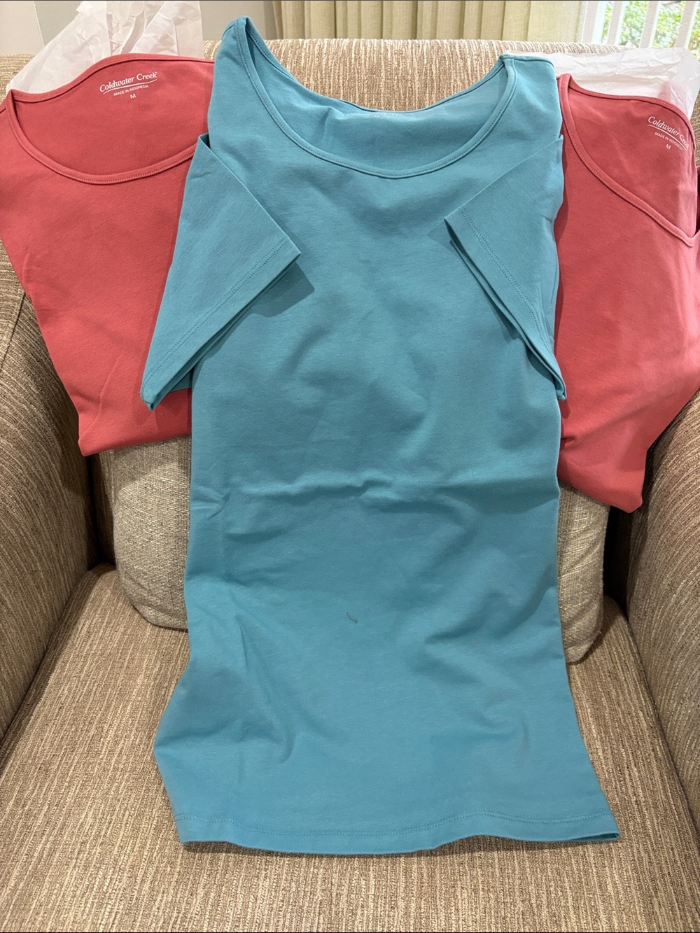 Coldwater Creek Tees in Turquoise and Coral - Scoop Neck Cotton Tops